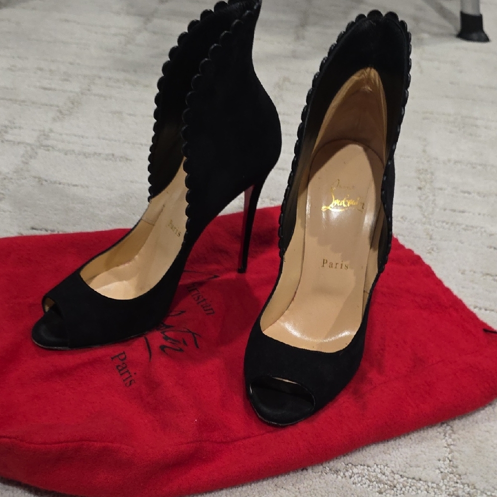 Christian Louboutin Black Scalloped Peep-Toe Heels